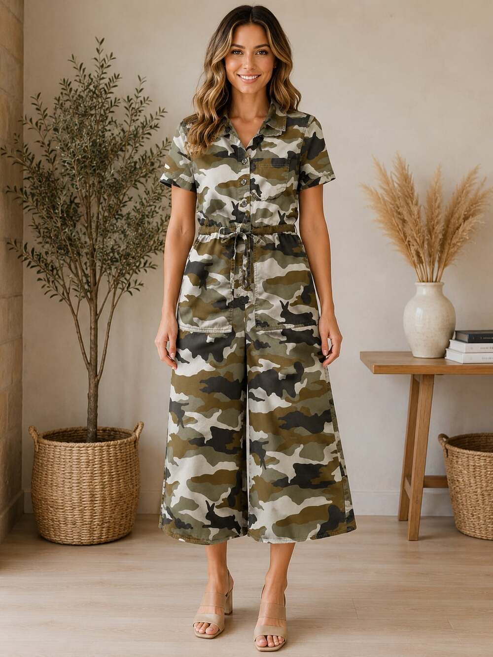 Madewell Camo Rabbit Print Utility Jumpsuit Wide Leg Tie Waist Size 00